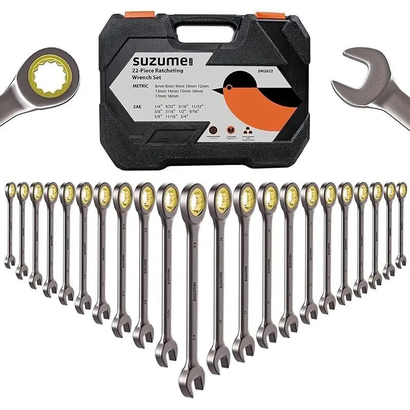Suzume 22-piece metric and SAE ratcheting wrench set with storage case