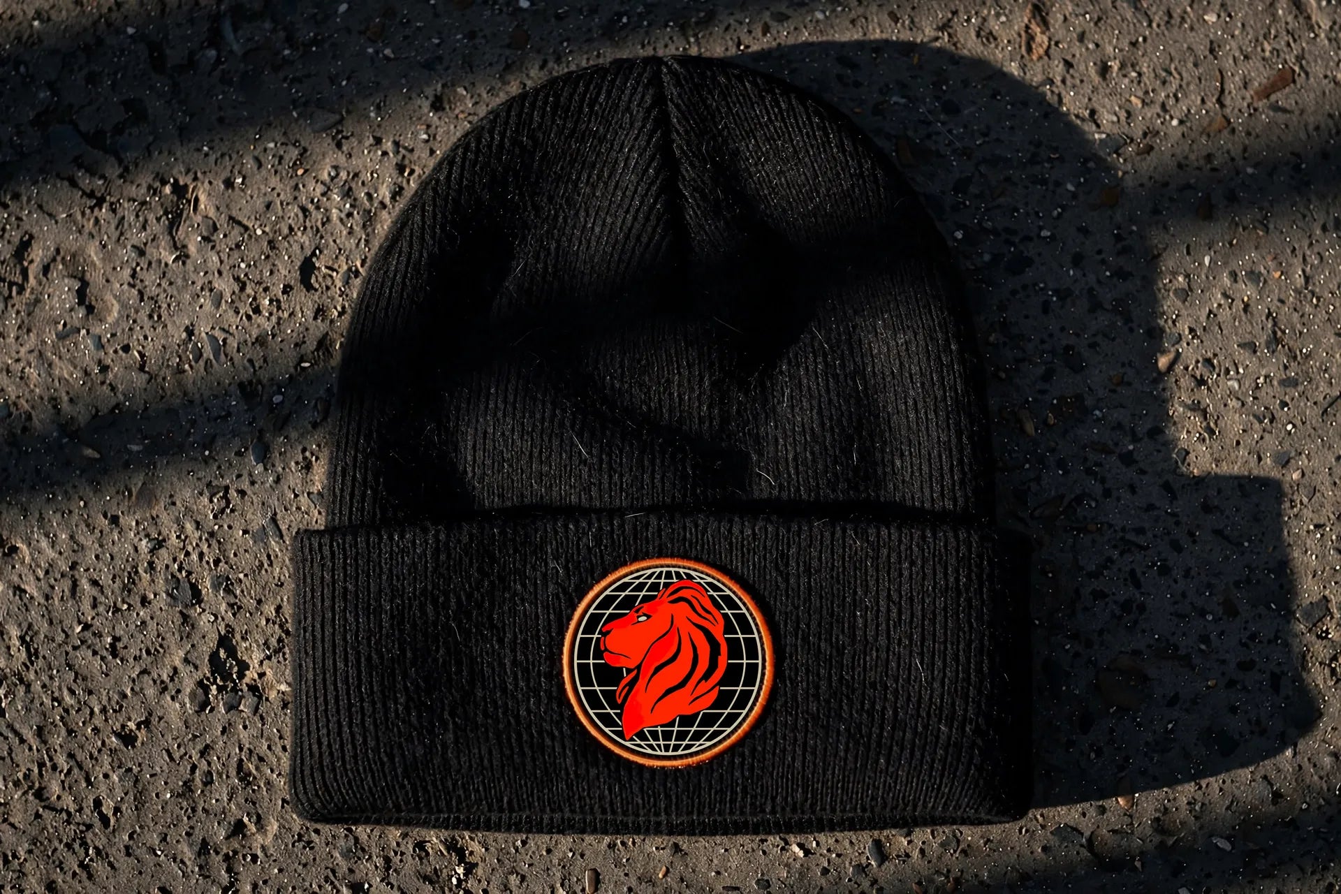 Black rib-knit Wade Development Group beanie on concrete with the cream-grid lion logo