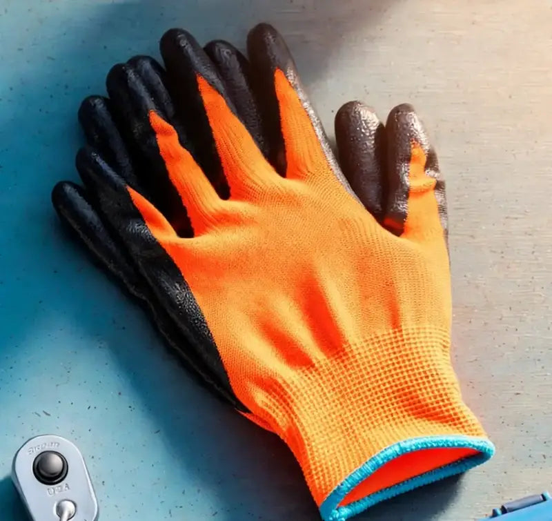 Thin hi-viz orange anti-slip work gloves in realistic workshop light