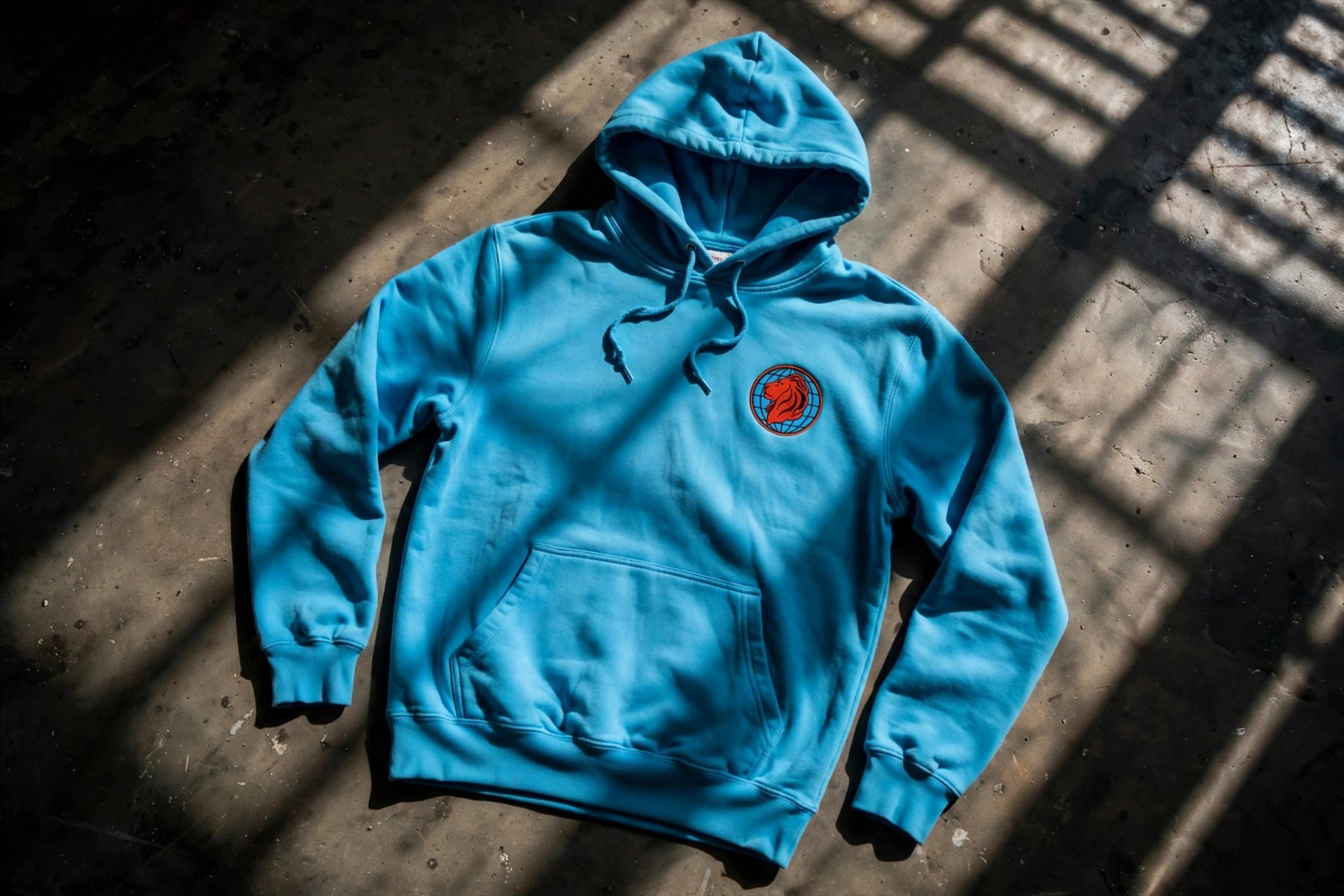 Hi-viz cyan-blue hoodie laid flat on a warehouse concrete floor with a small WDG lion-on-globe breast logo and dramatic window-blind shadows