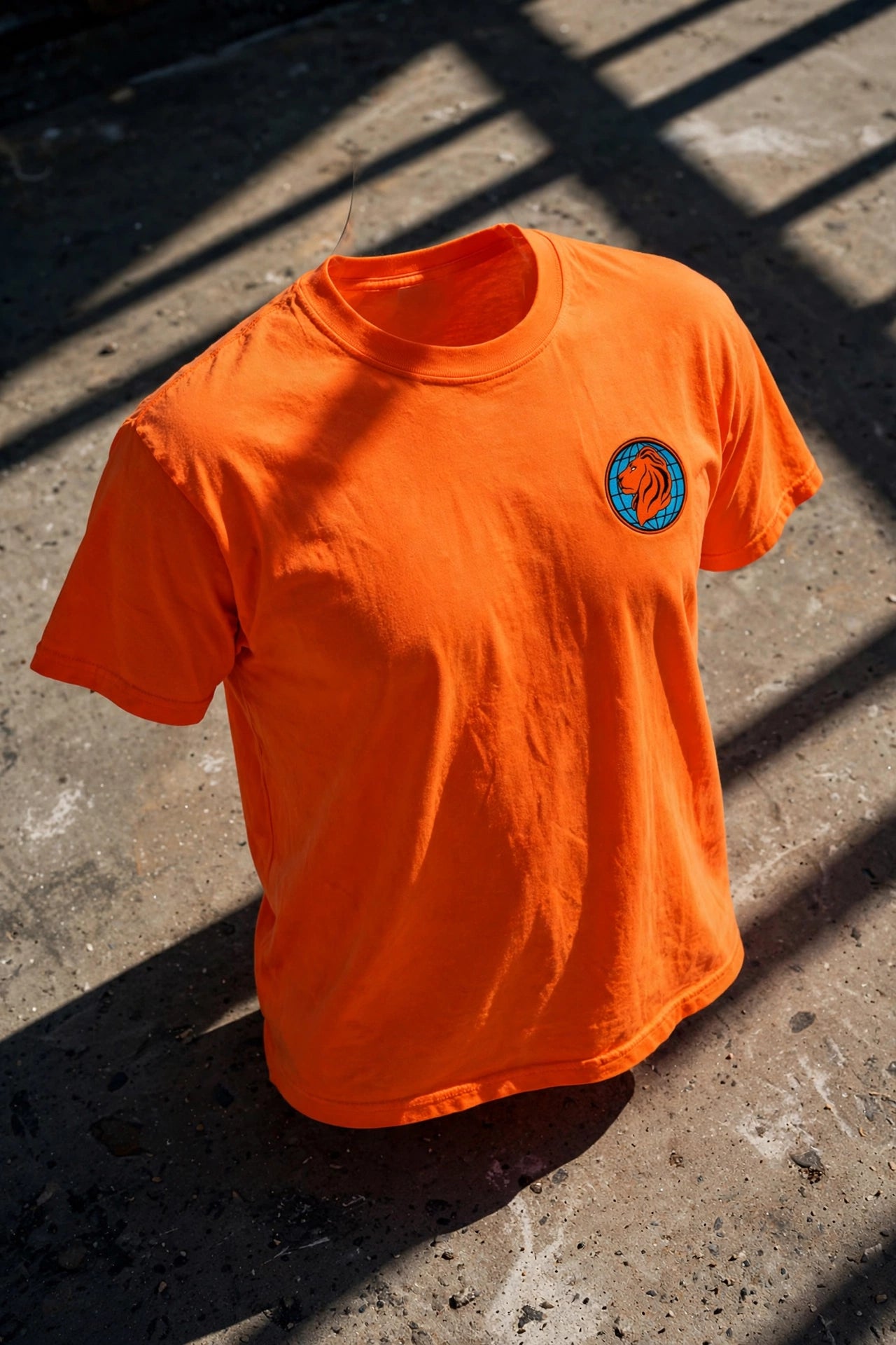 Hi-viz orange T-shirt with a small two-inch WDG lion-on-globe logo on the left breast in harsh sunlight and dramatic hard shade